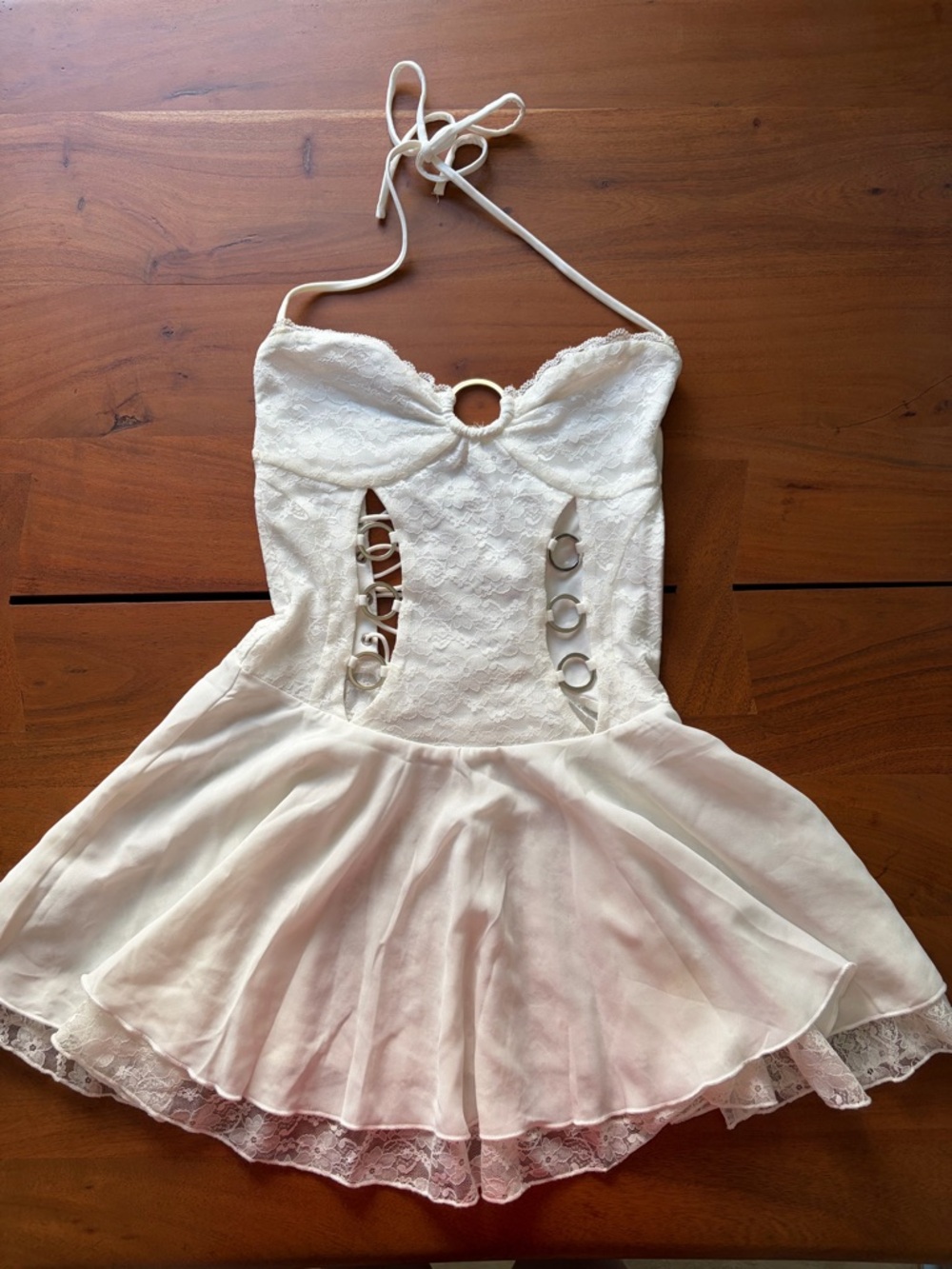 Outcast Mini Dress Womens White Lace Cut Out Rings Halter Neck Cottage Size S